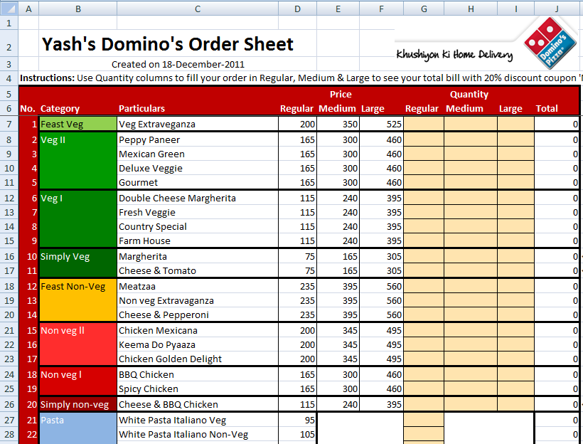 Dominos 20% Discount Order sheet